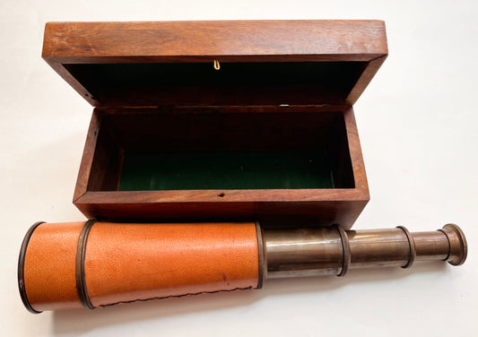 Vintage Brass & Leather Non-Functional Telescope in Wood Box 1