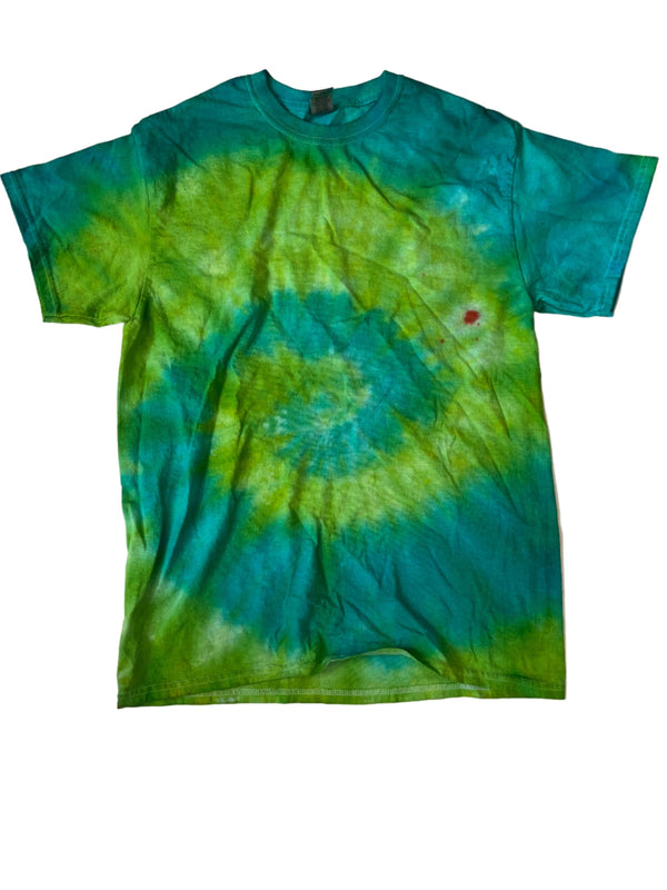 Groovy green teal tie dye t-shirt featuring a spiral design in vibrant colors.