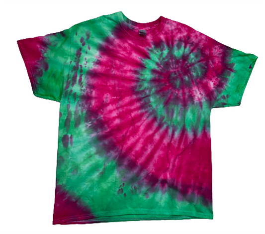 Pink Green Spiral Tie-Dye T-Shirt - Hand-Dyed Retro Psychedelic Tee